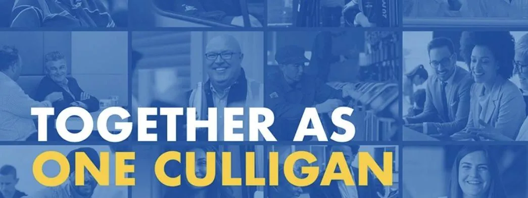 Collage of happy people with text: Together as One Culligan.